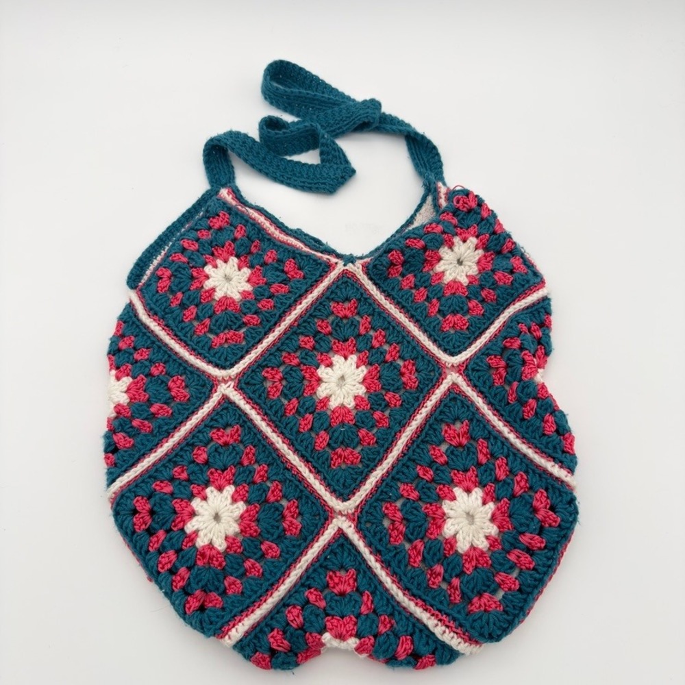 Handmade Crochet Granny Square Tote Bag Teal Pink Cream Boho Y2K Shoulder Bag
